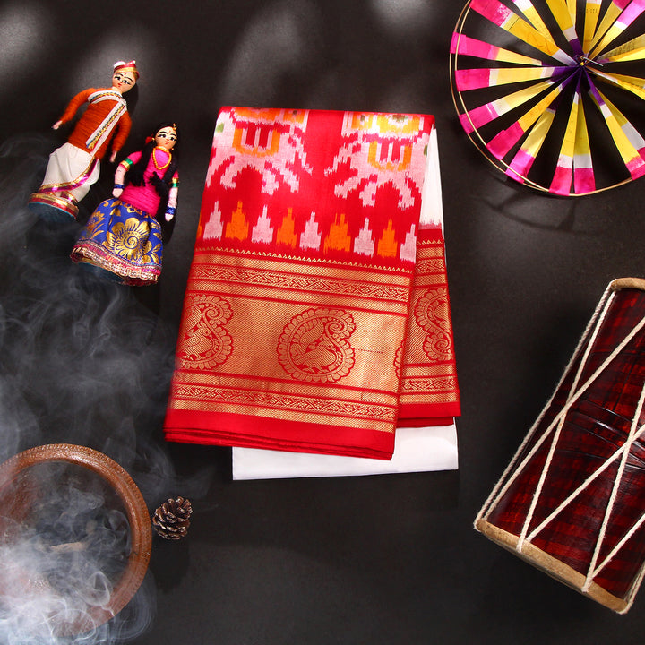 Kuberan White Red Pochampally Silk Saree