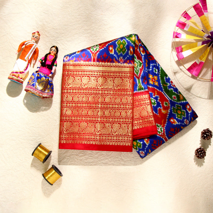 Royal Blue Red Pochampally Silk Saree