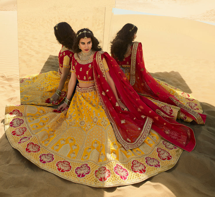 Kuberan Yellow Red Pink Designer Lehenga For Bride
