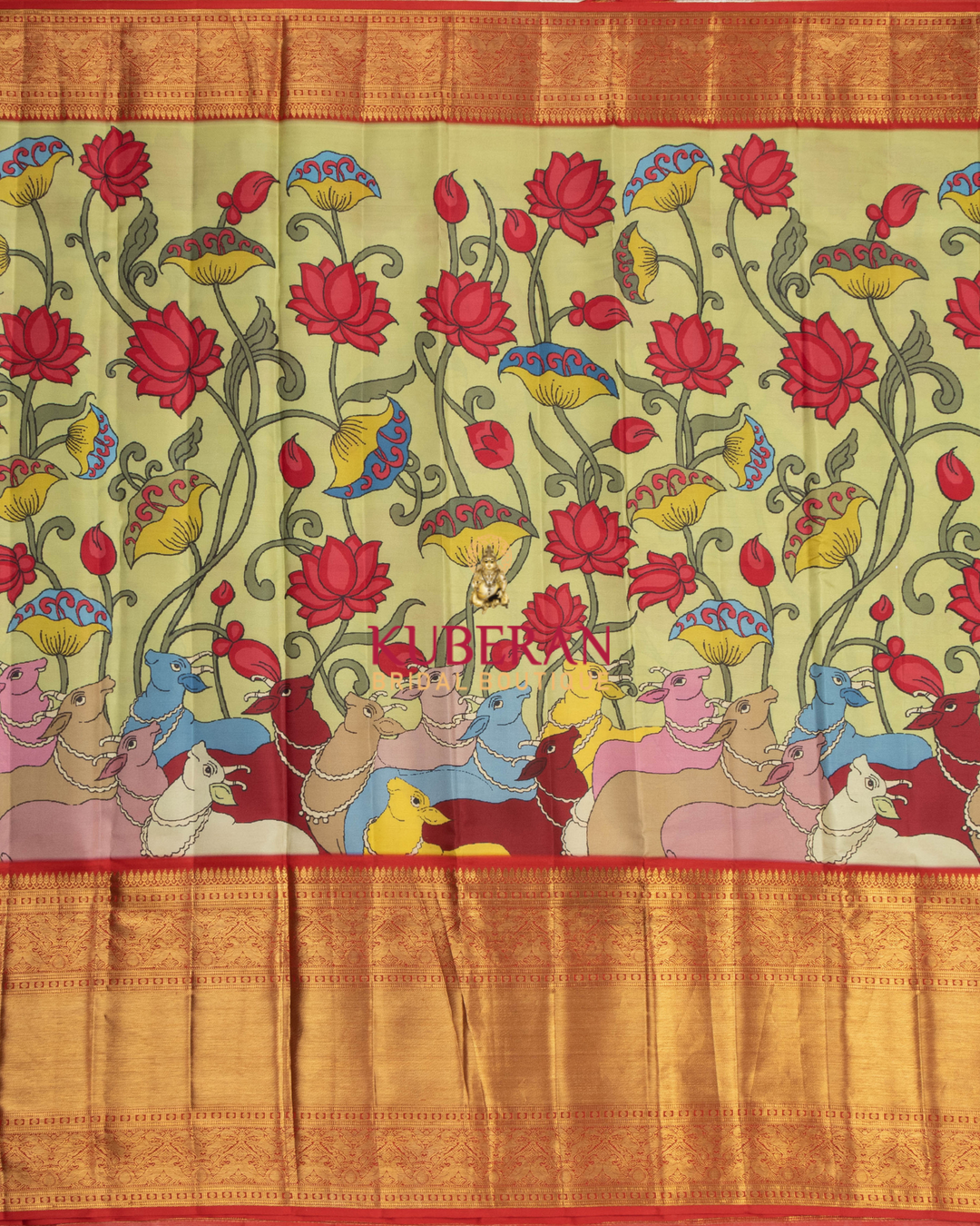 Kuberan Green Kalamkari Prints Kanchipuram Silk Saree