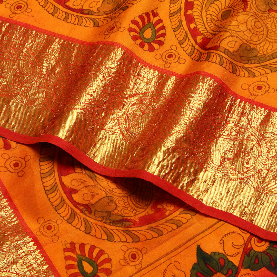 Mustard Kalamkari Prints Kanchipuram Silk Saree