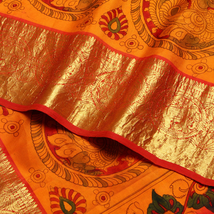 Mustard Kalamkari Prints Kanchipuram Silk Saree