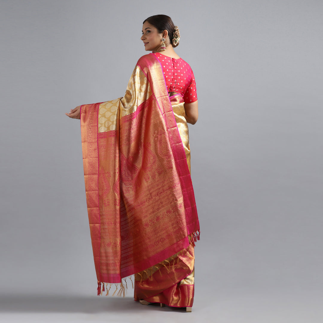 Gold Pink Kanchivaram Silk Saree 