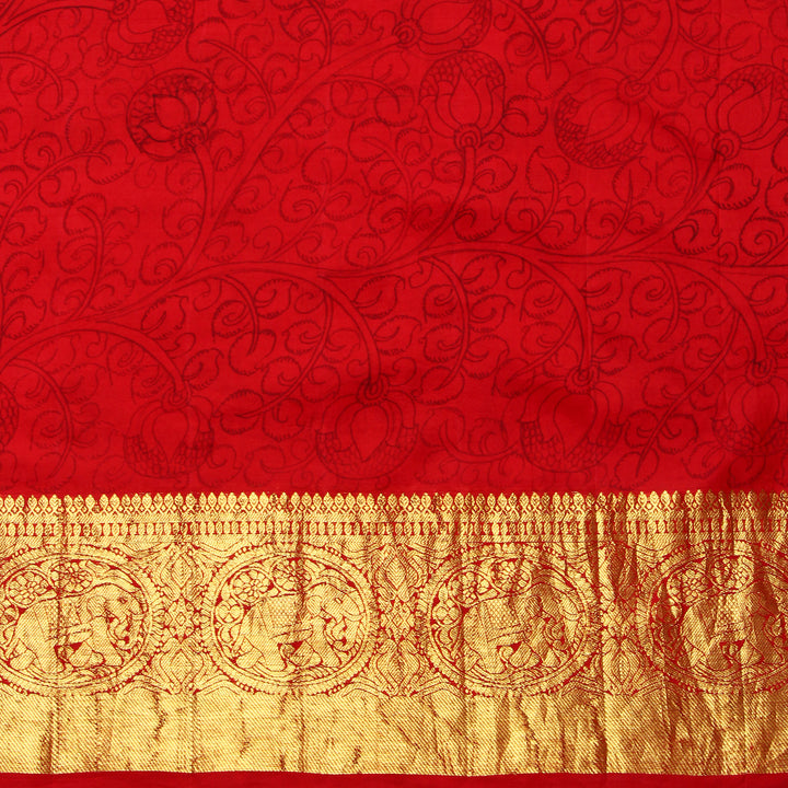 Mustard Kalamkari Prints Kanchipuram Silk Saree