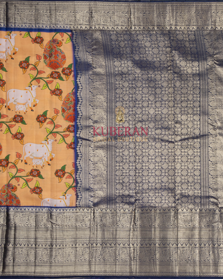 Kuberan Light Peach Kalamkari Prints Kanchipuram Silk Saree