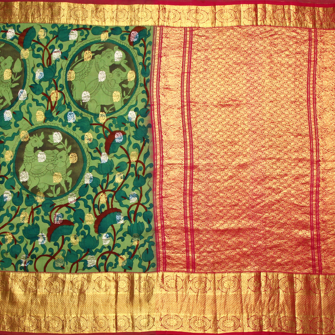 Kuberan Light Green Kalamkari Kanchipuram Silk Saree