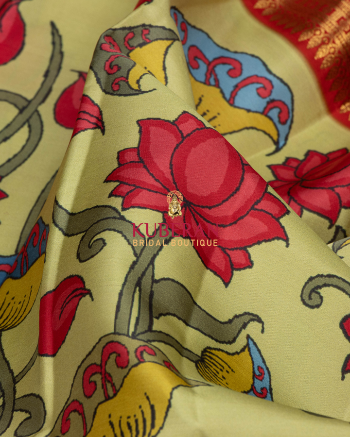 Kuberan Green Kalamkari Prints Kanchipuram Silk Saree