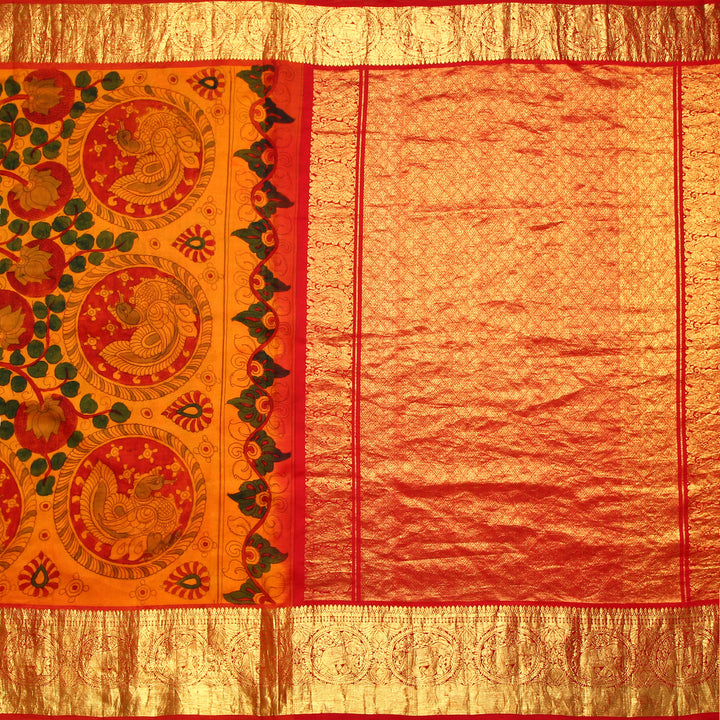 Mustard Kalamkari Prints Kanchipuram Silk Saree