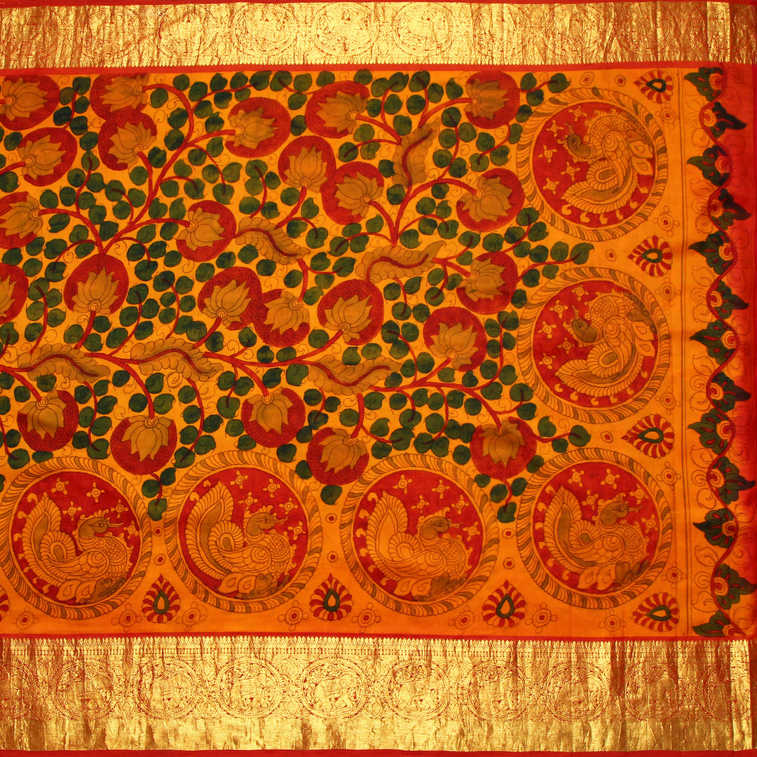 Mustard Kalamkari Prints Kanchipuram Silk Saree