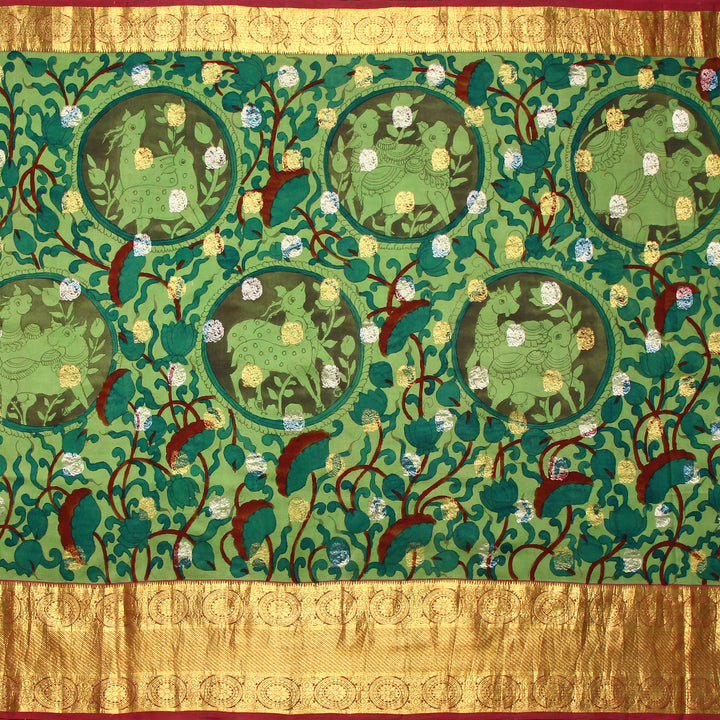 Kuberan Light Green Kalamkari Kanchipuram Silk Saree