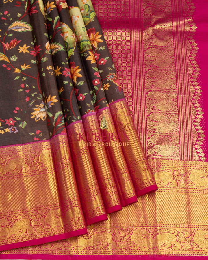 Kuberan Brown Kalamkari Prints Kanchipuram Silk Saree