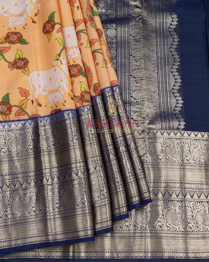 Kuberan Light Peach Kalamkari Prints Kanchipuram Silk Saree