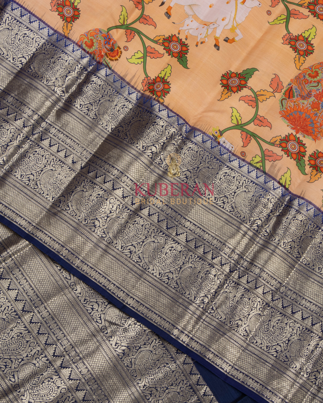 Kuberan Light Peach Kalamkari Prints Kanchipuram Silk Saree