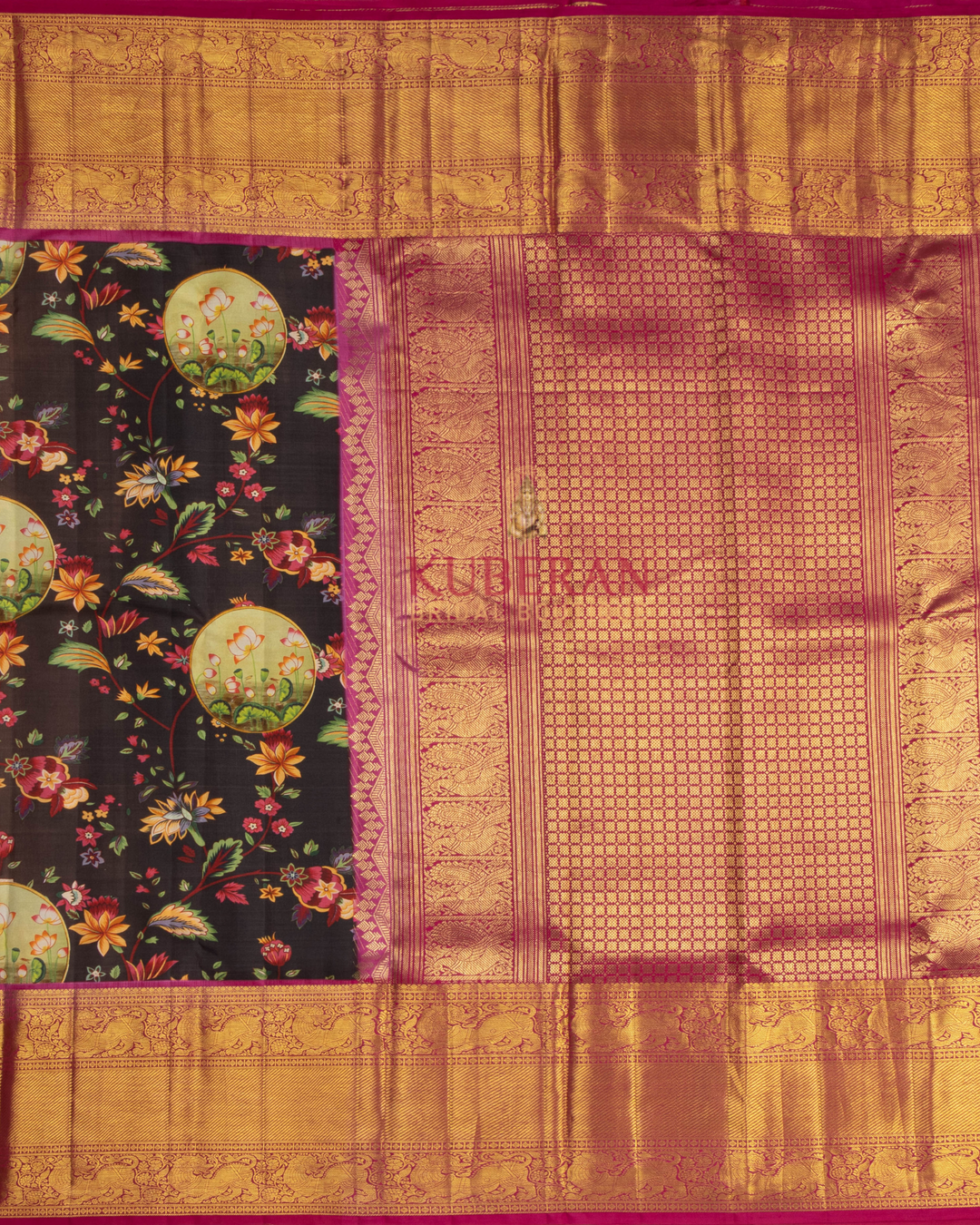 Kuberan Brown Kalamkari Prints Kanchipuram Silk Saree