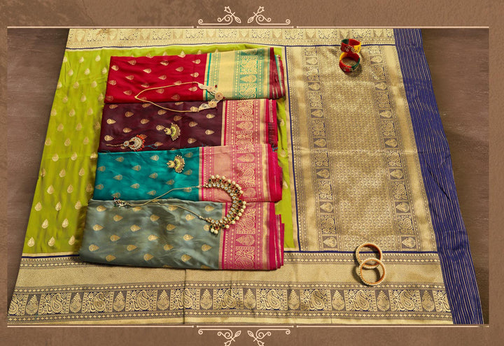 Kuberan Rama Green With Pink Border Banarasi Saree