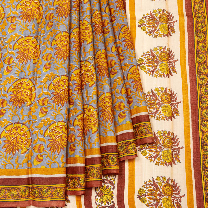 Kuberan Brown Grey Tussar Pure Silk Saree