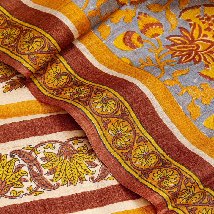 Kuberan Brown Grey Tussar Pure Silk Saree