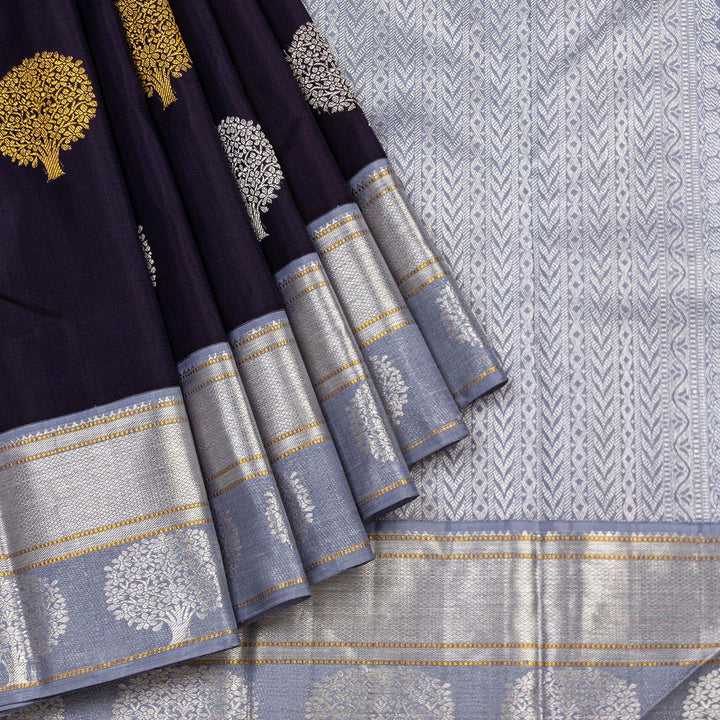 Kuberan Navy Blue Grey Kanchivaram Silk Saree