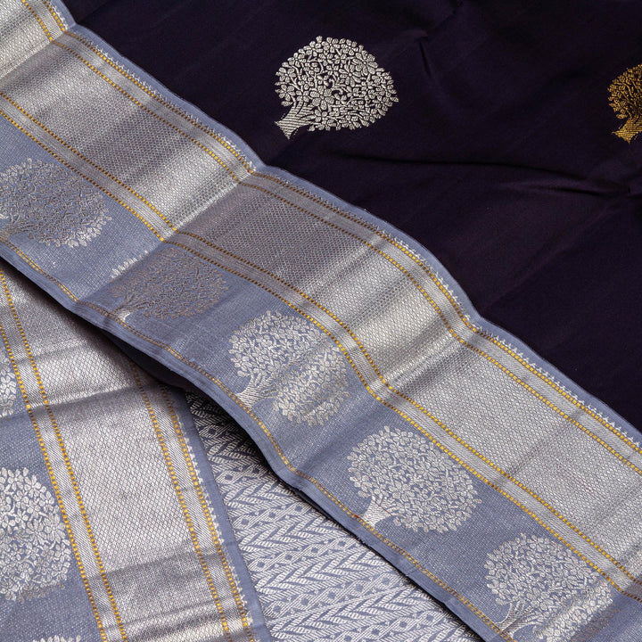 Kuberan Navy Blue Grey Kanchivaram Silk Saree