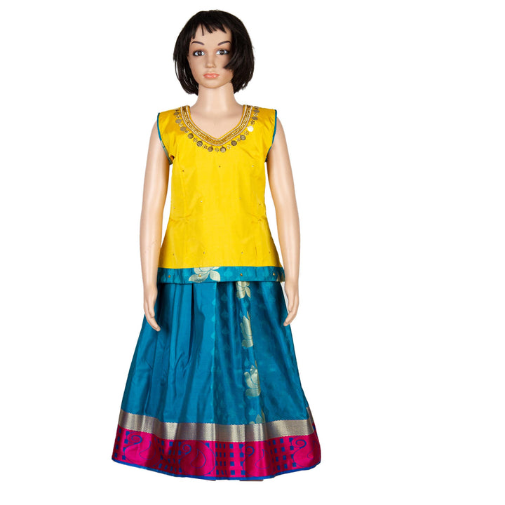 Kuberan Yellow Blue Art Silk Readymade Pavada