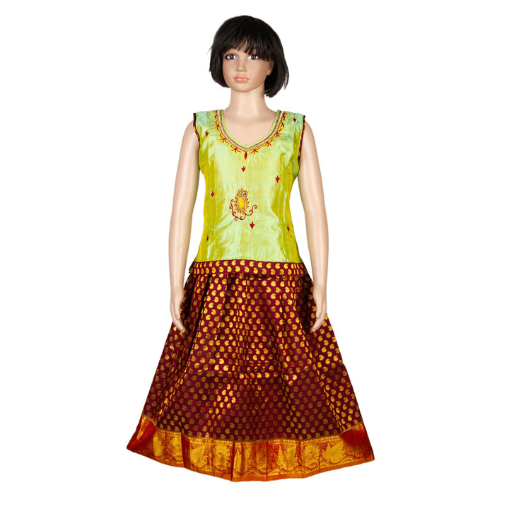 Kuberan Brown Green Pure Silk Readymade Pavada