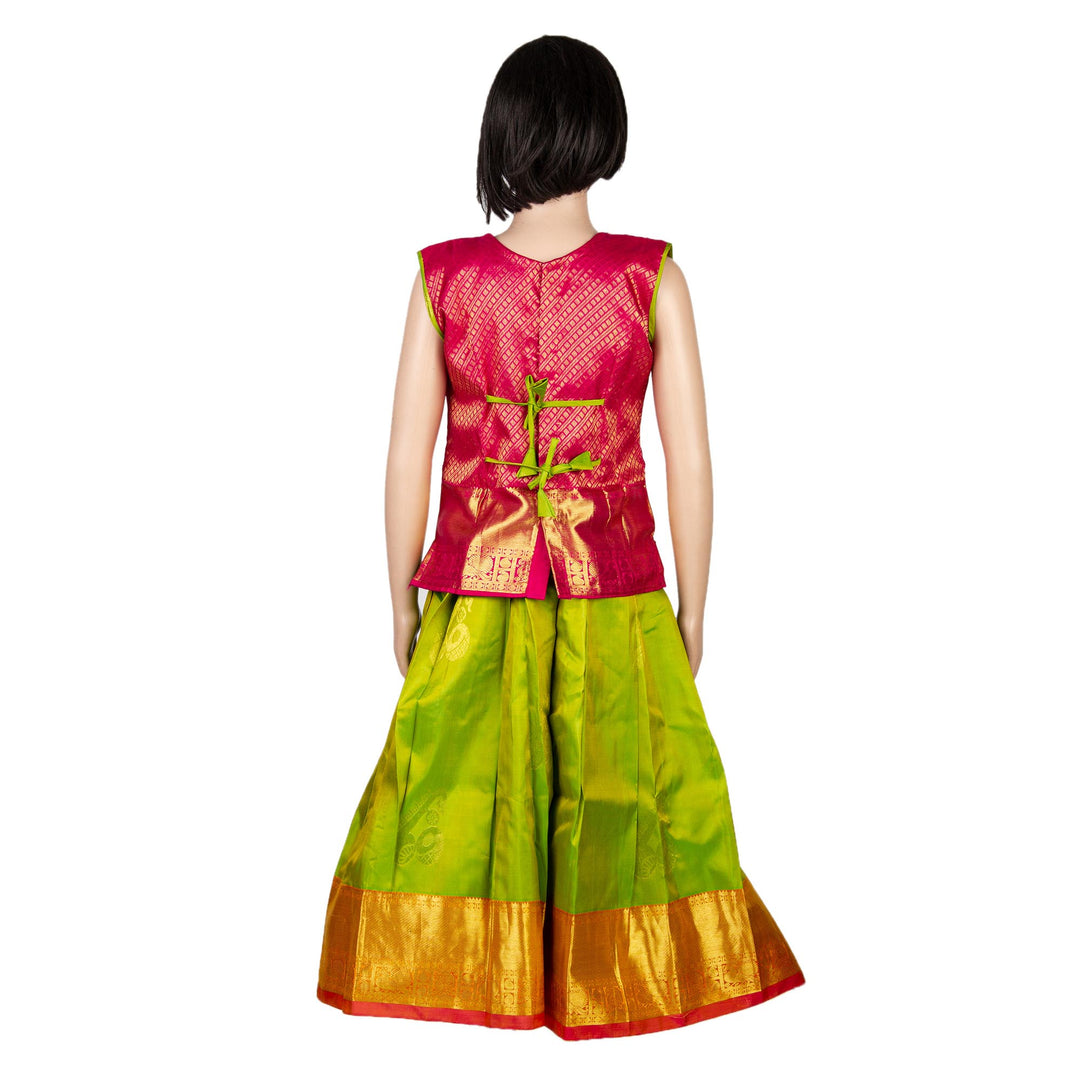 Kuberan Pink Green Pure Silk Readymade Pavada