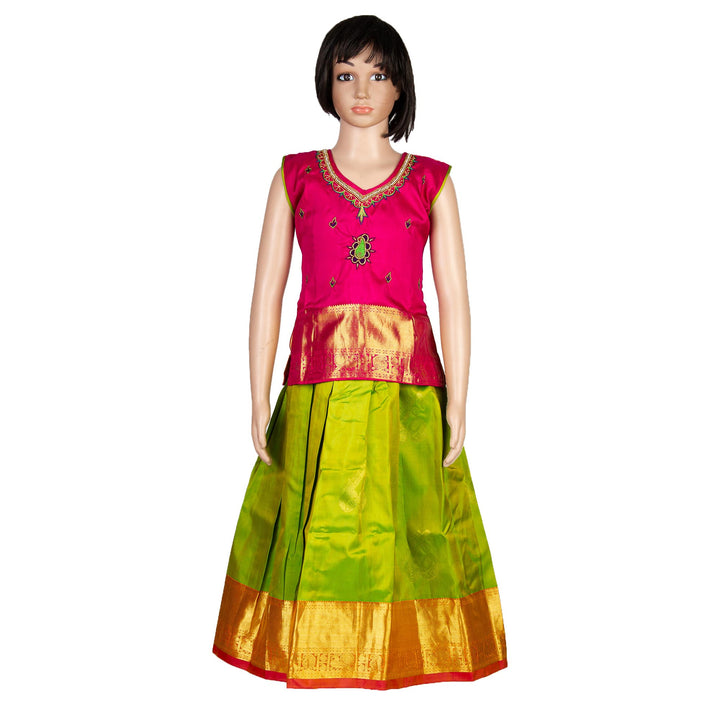 Kuberan Pink Green Pure Silk Readymade Pavada