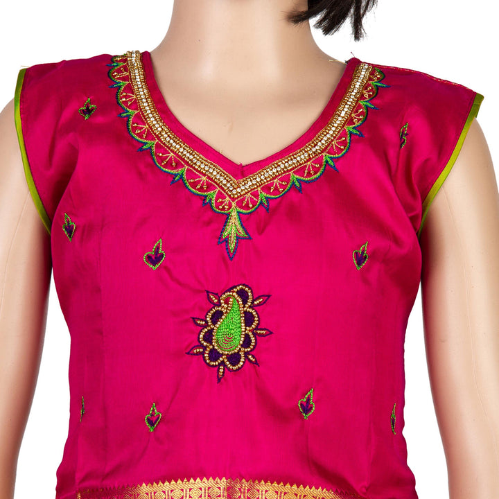 Kuberan Pink Green Pure Silk Readymade Pavada