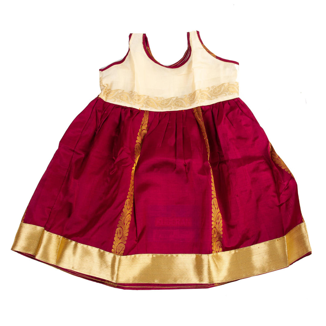 Kuberan Maroon White Pure Silk Readymade Pavada