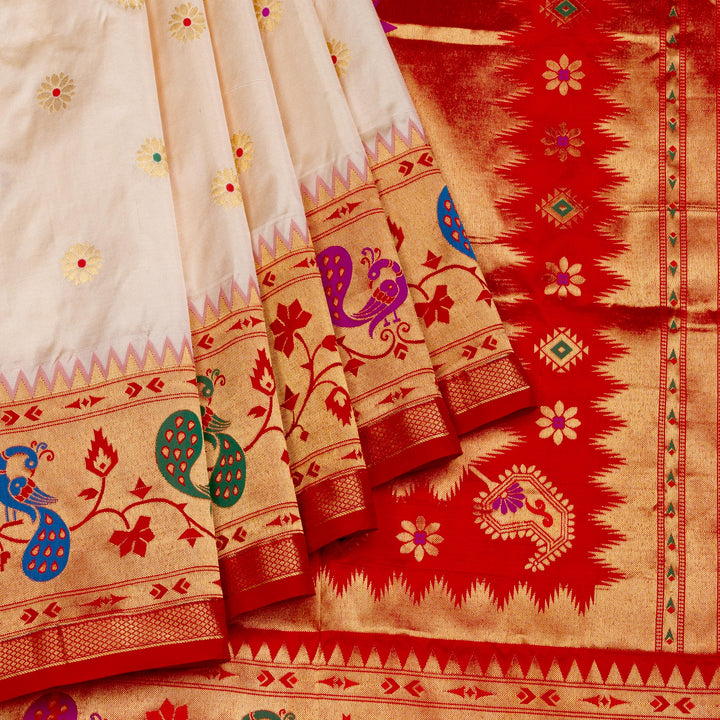 Kuberan Cream Red Paithani Silk Saree