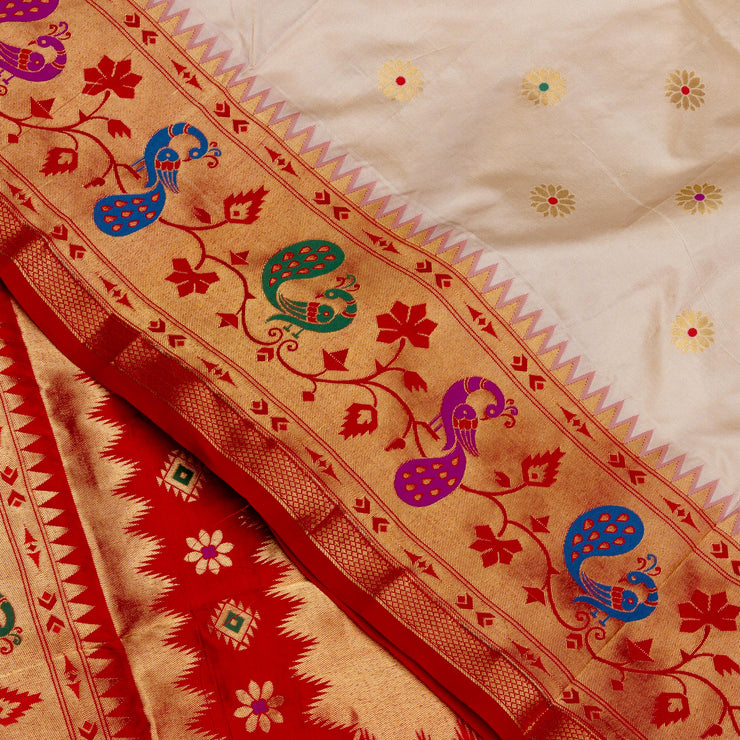 Kuberan Cream Red Paithani Silk Saree