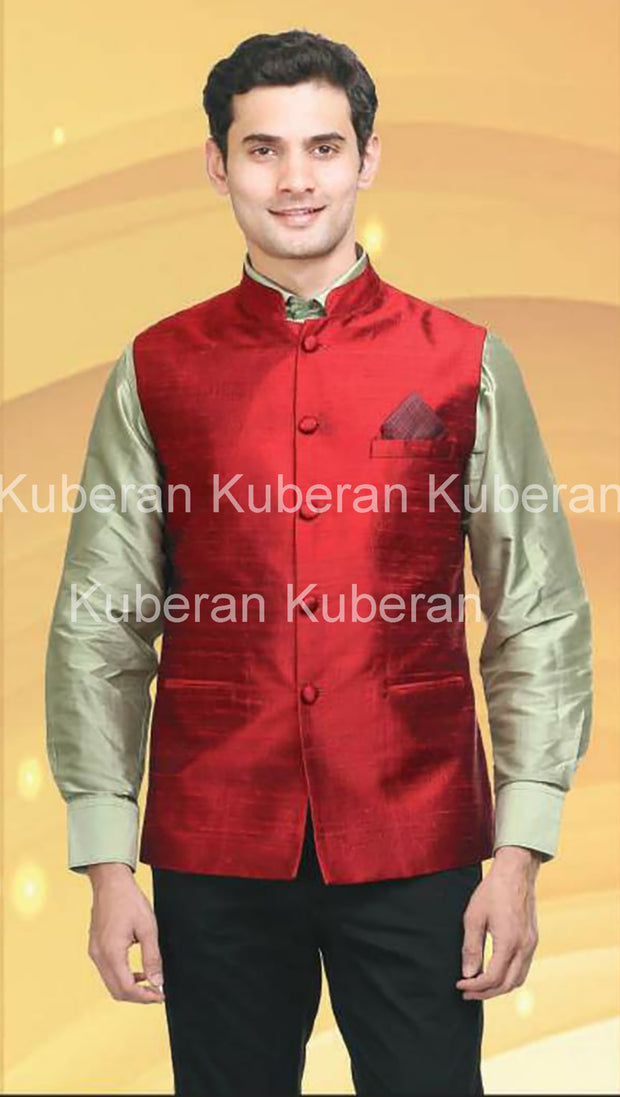 Kuberan Red Raw Silk Modi Jacket