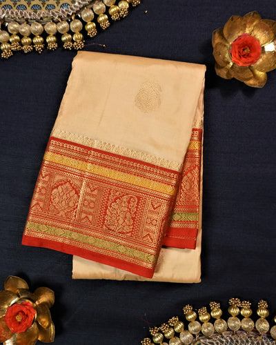 Beige with Red Pure Silk Saree