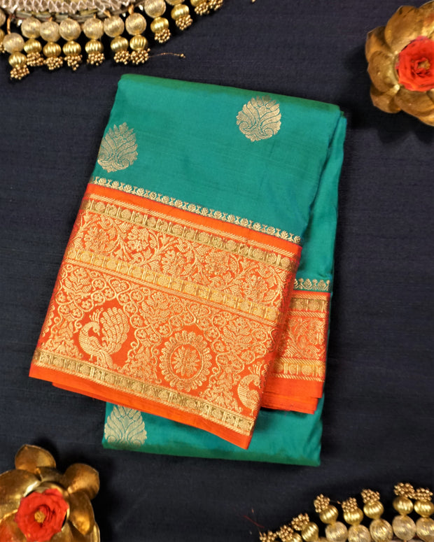 Kuberan Peacock Blue With Red Pure Silk Saree