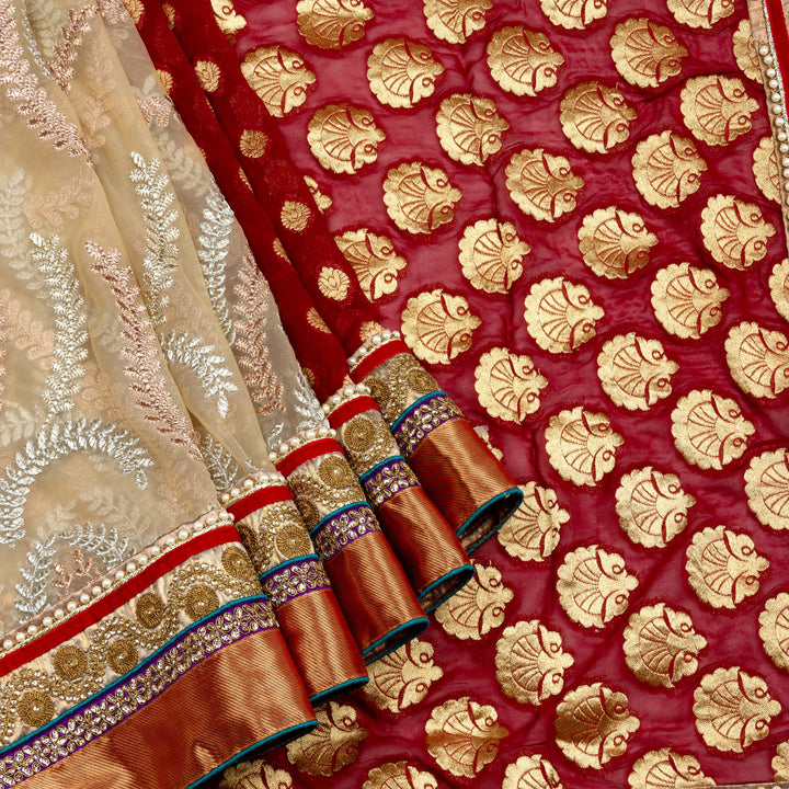 Kuberan Red Cream Fancy Designer Saree