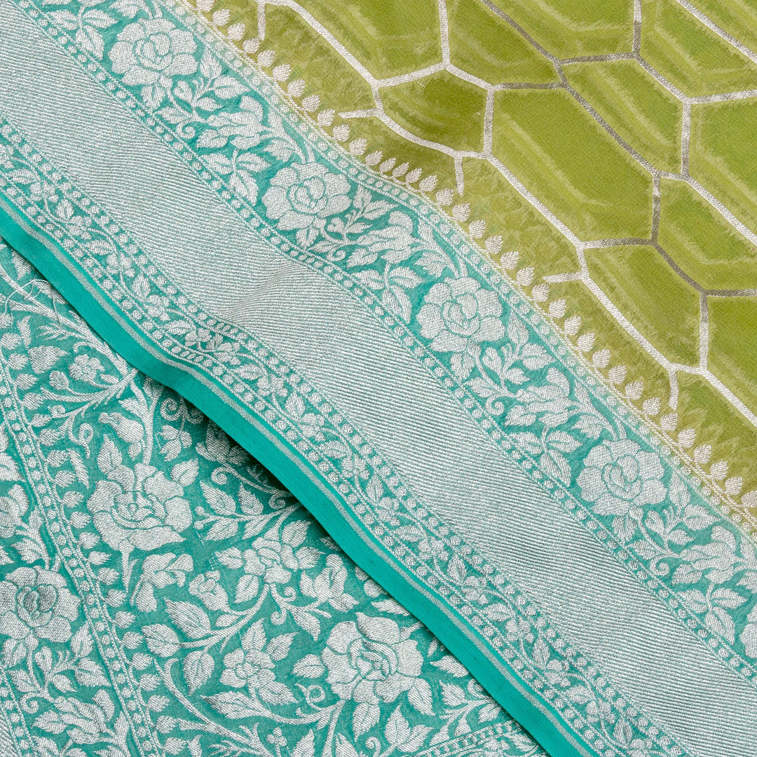 Kuberan Parrot Green Blue Khadi Banarasi Saree