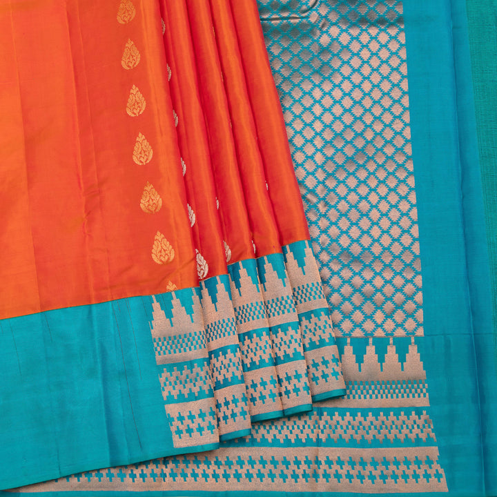 Kuberan Orange Blue Pure Silk Saree