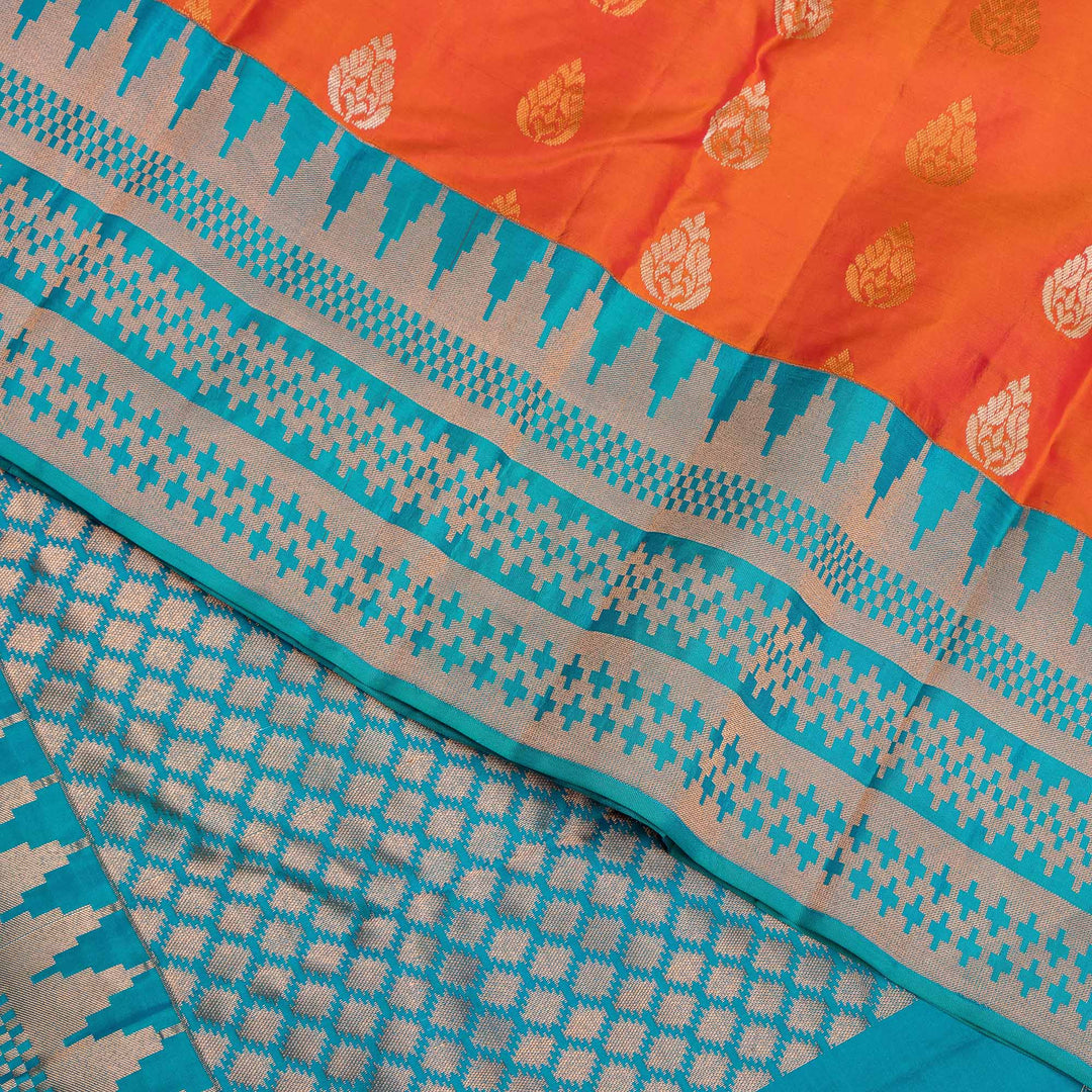 Kuberan Orange Blue Pure Silk Saree