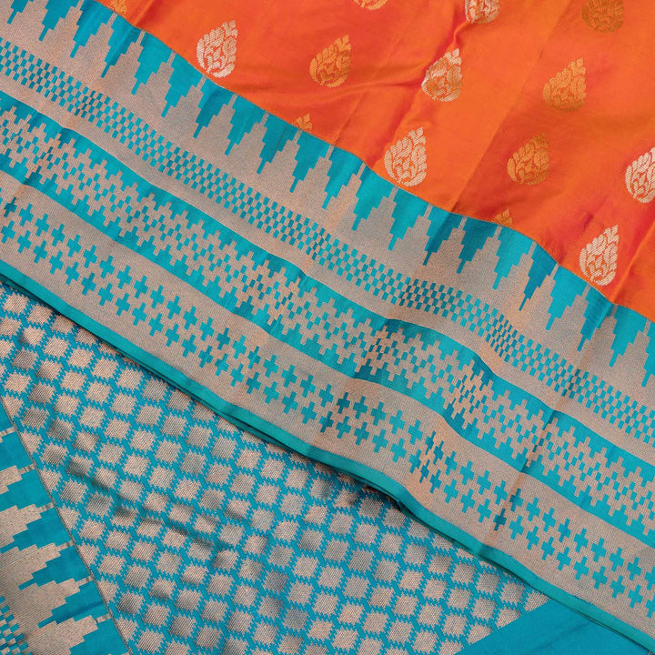 Kuberan Orange Blue Pure Silk Saree
