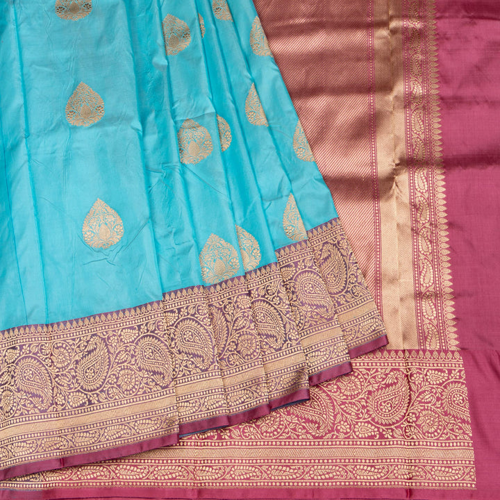 Kuberan Blue With Pink Border Banarasi Silk Saree