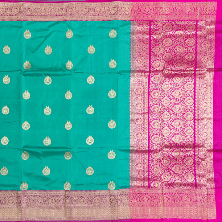 Kuberan Turquoise With Pink Border Banarasi Silk Saree