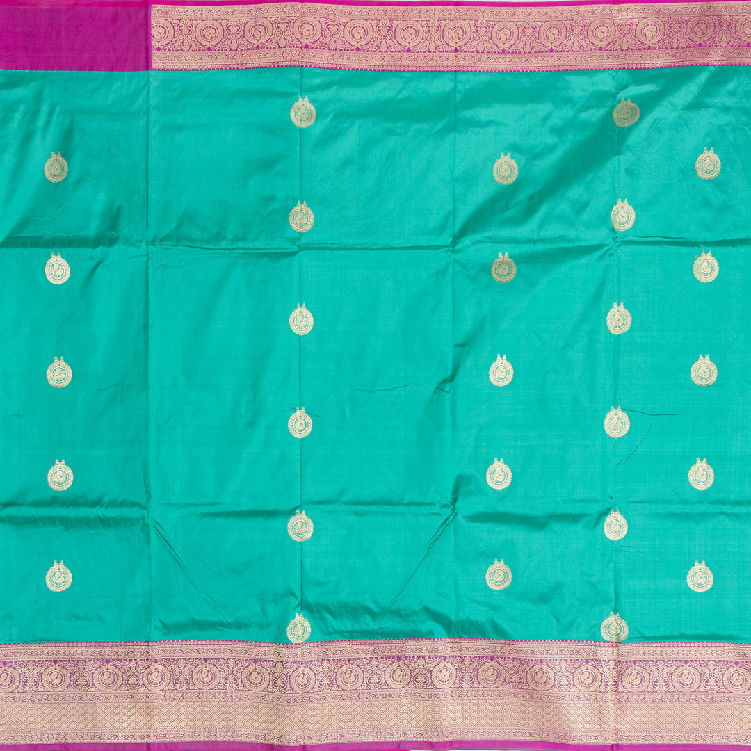 Kuberan Turquoise With Pink Border Banarasi Silk Saree
