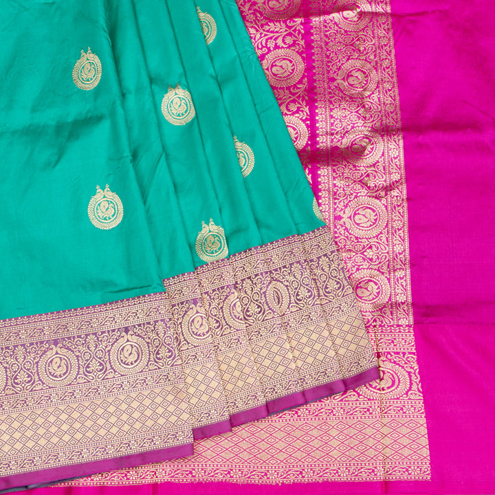 Kuberan Turquoise With Pink Border Banarasi Silk Saree