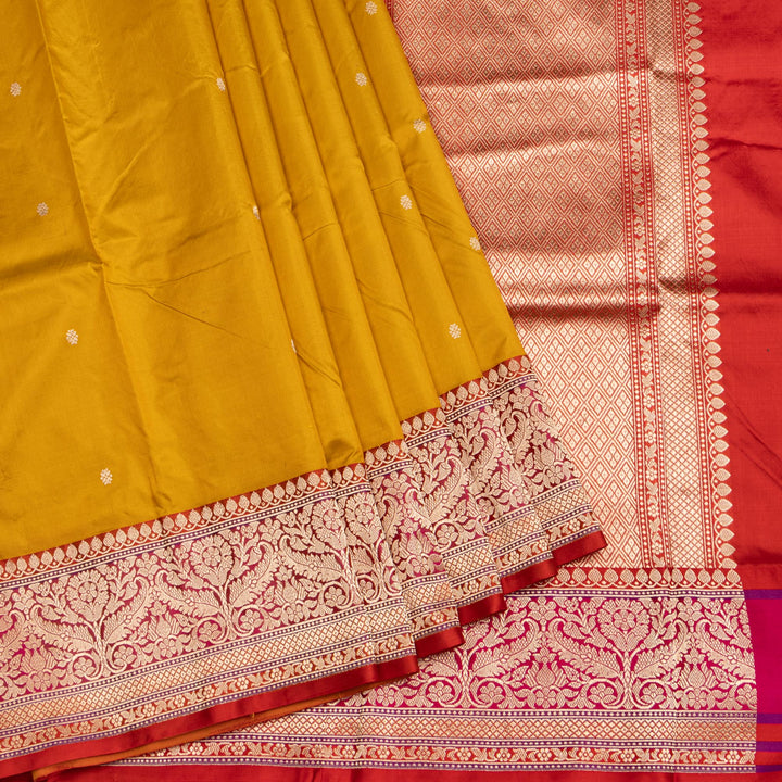 Kuberan Mustard With Red Border Banarasi Silk Saree
