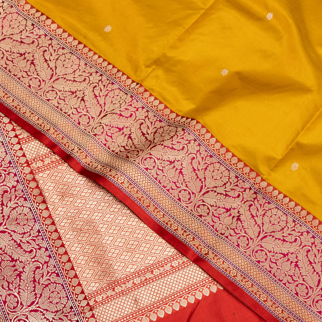 Kuberan Mustard With Red Border Banarasi Silk Saree