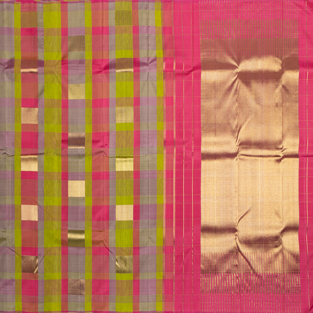 Kuberan Parrot Green With Pink Kanchivaram Silk Saree