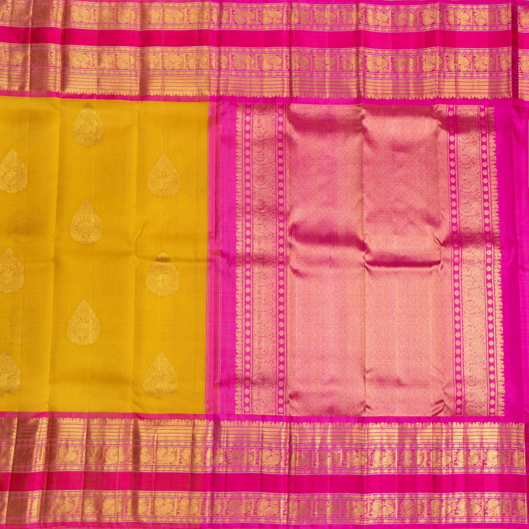 Kuberan Yellow With Pink Organza Kanchivaram Silk Saree