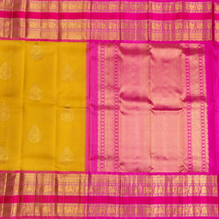 Kuberan Yellow With Pink Organza Kanchivaram Silk Saree