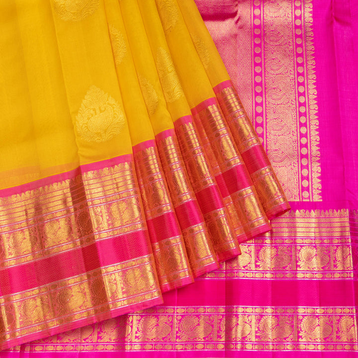 Kuberan Yellow With Pink Organza Kanchivaram Silk Saree