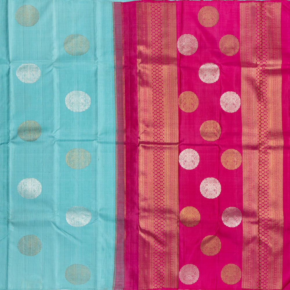 Blue Kanchipuram Dupion Handloom Silk Saree with Pink Accents 